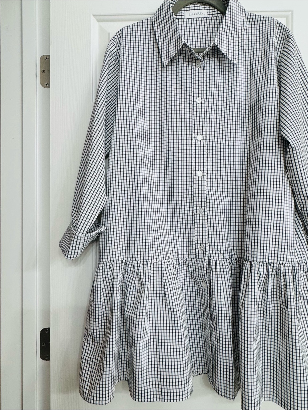 Gingham Button-Front Long Sleeve Ruffle Shirt Dress in Black and White - Picture 2 of 3